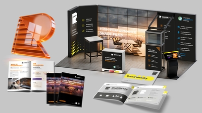 Das neue RHODETEC Corporate Design auf Messestand, Broschüren und Geschäftsausstattung