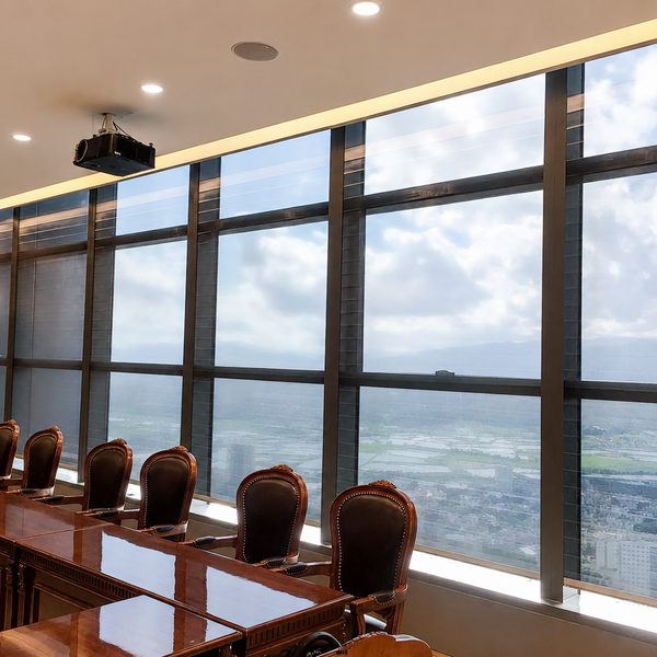 Conference room at the Bank of Communications Shenzhen Headquarters with window front and a view over Shenzhen