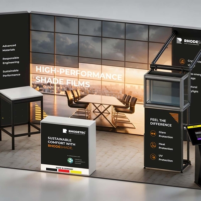 Trade fair stand in the new RHODETEC corporate design featuring RHODESHADE high-performance shade films