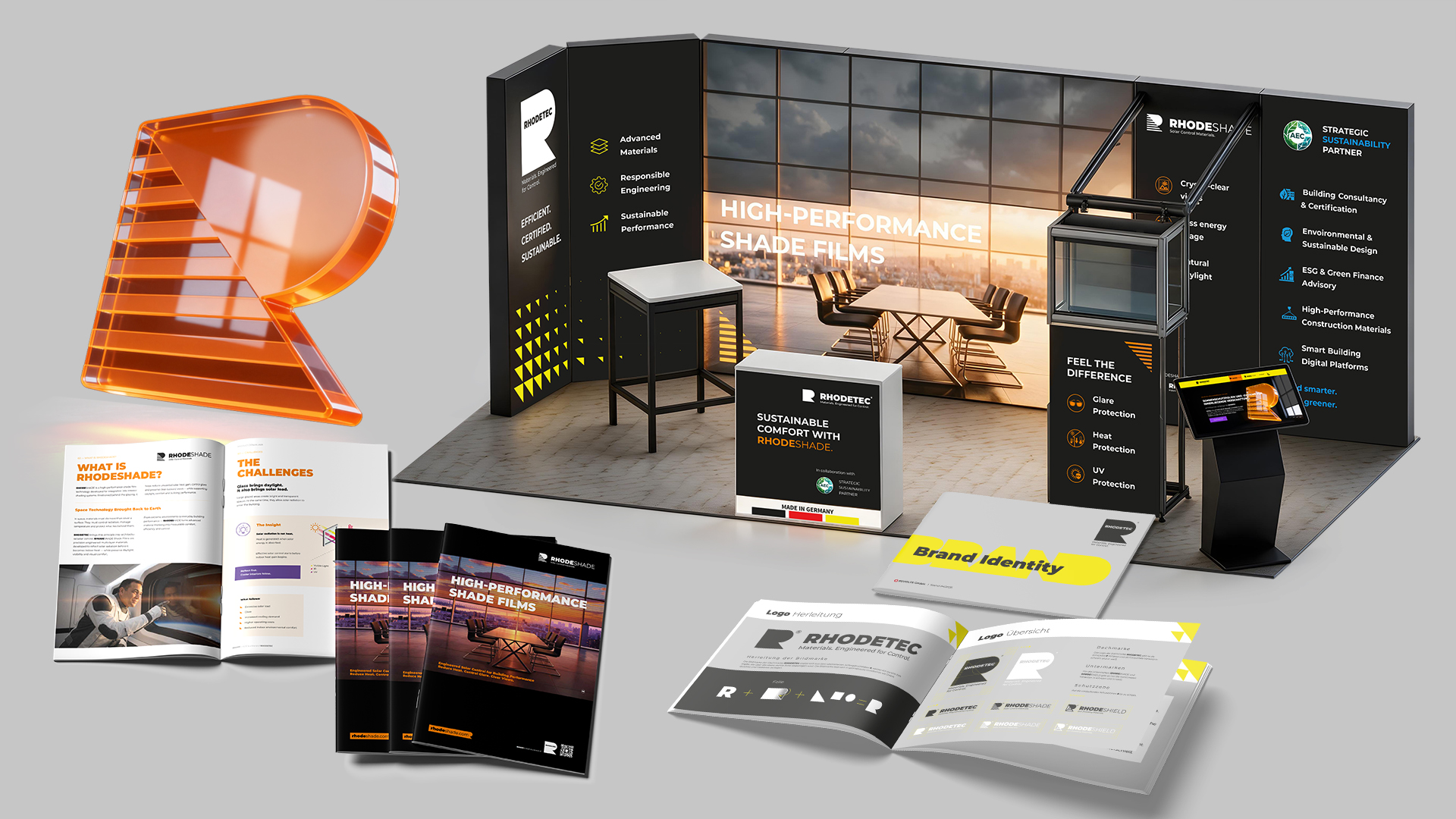 The new RHODETEC corporate design on a trade fair stand, brochures and stationery